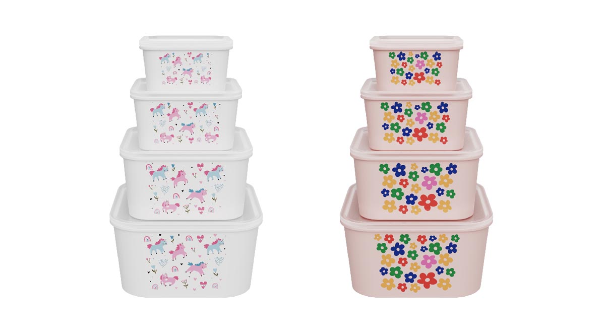 plastic food containers with lid in colorful prints