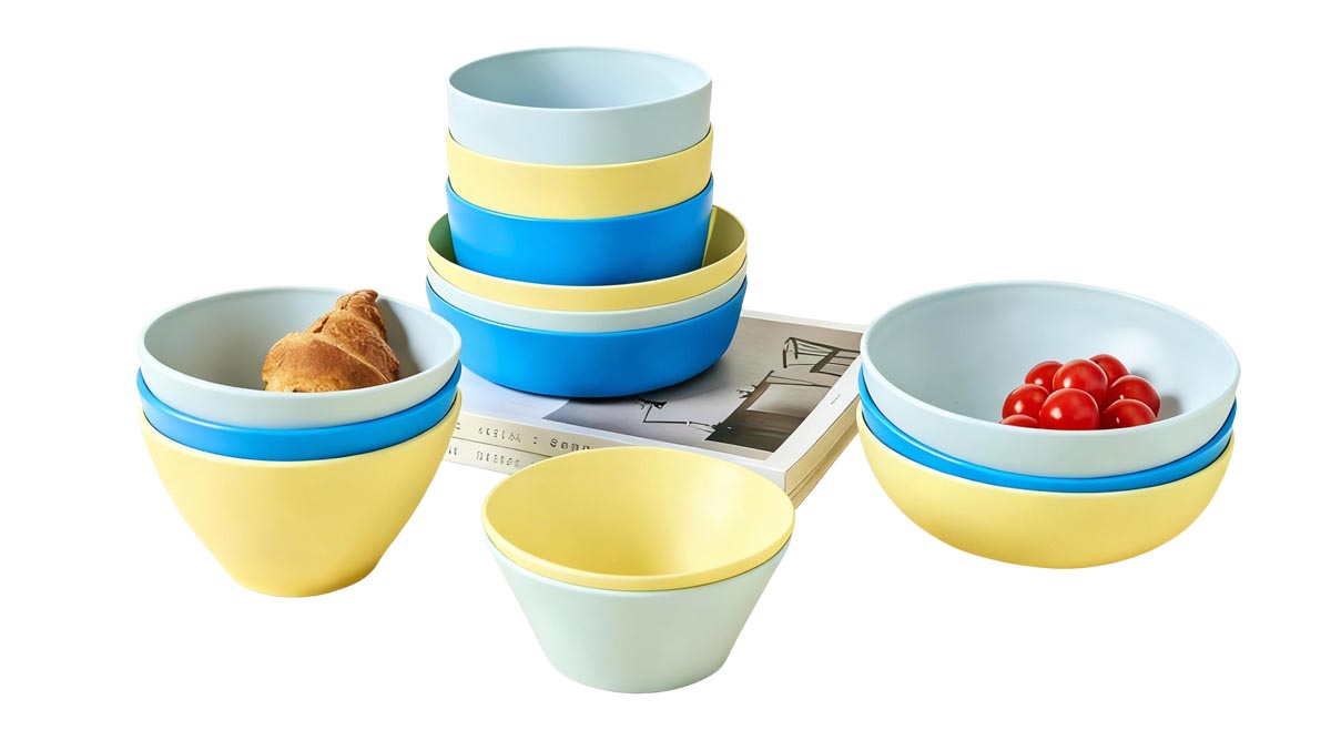 many different recycled plastic bowls in custom solid colors