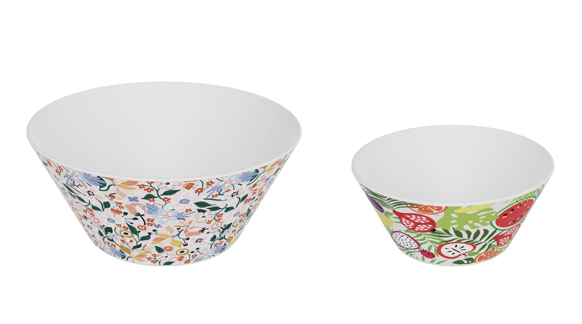 One large plastic salad Bowl and one small salad bowl with all over print outside