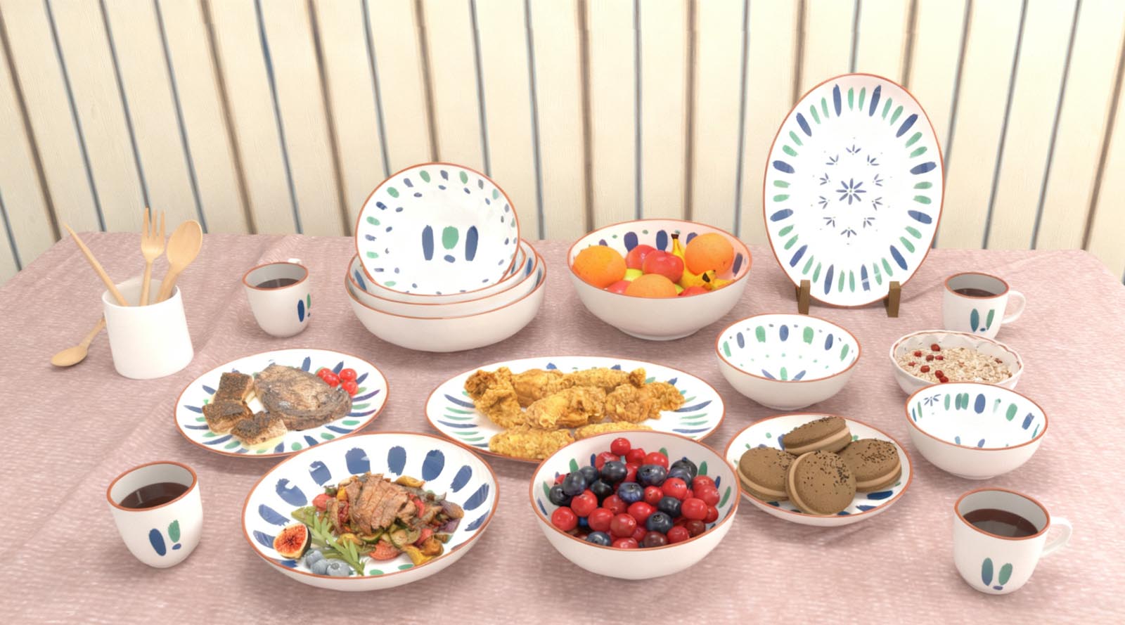 one whole set of plastic tableware on the dinning table