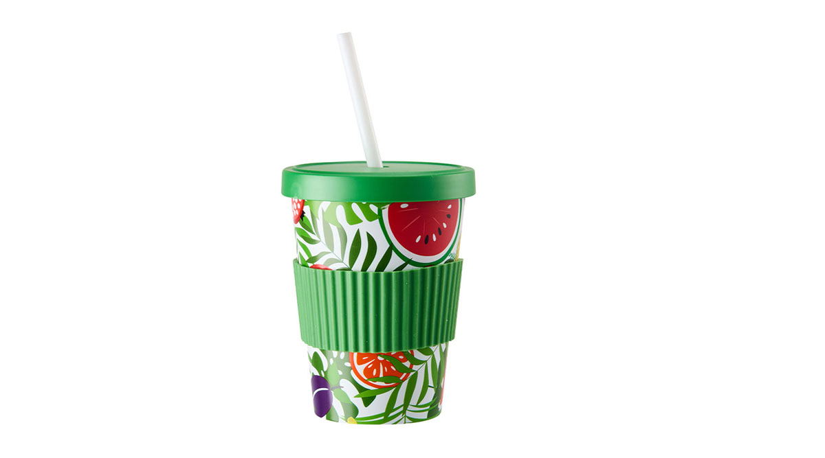 printed RPET coffee cup with straw lid