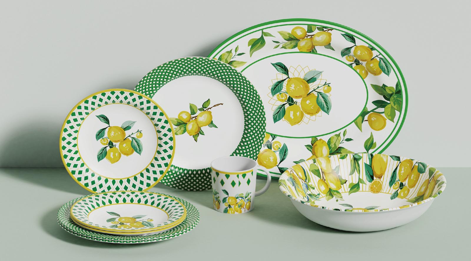 one whole sest of plastic RPET tableware with print on table
