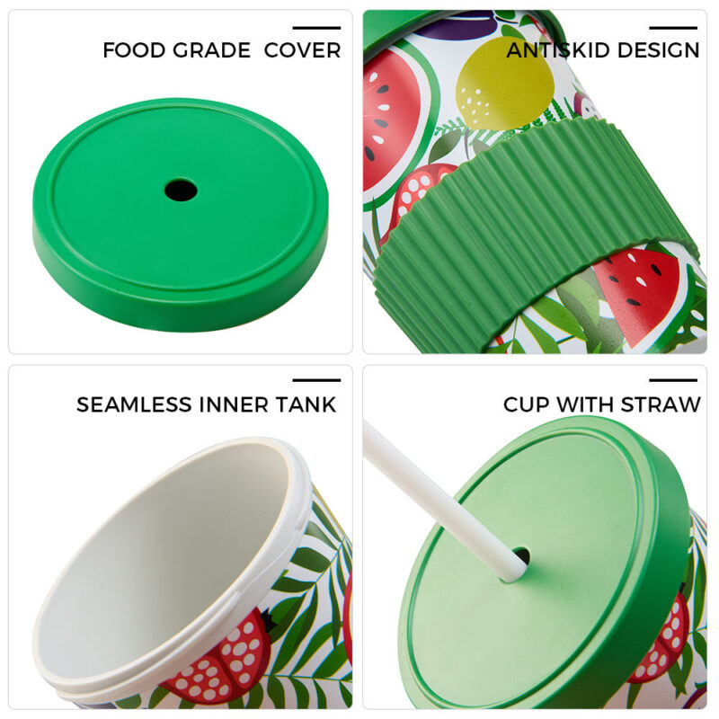 each part details of the plastic coffee cup with straw