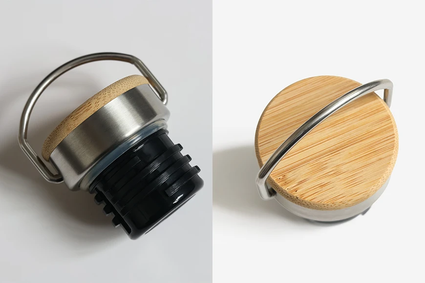 Bamboo lid and metal handle detail for stainless steel bottle