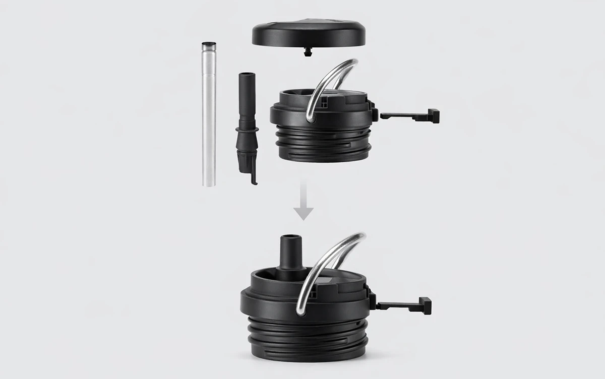 exploded view of a straw lid showing internal parts and assembly