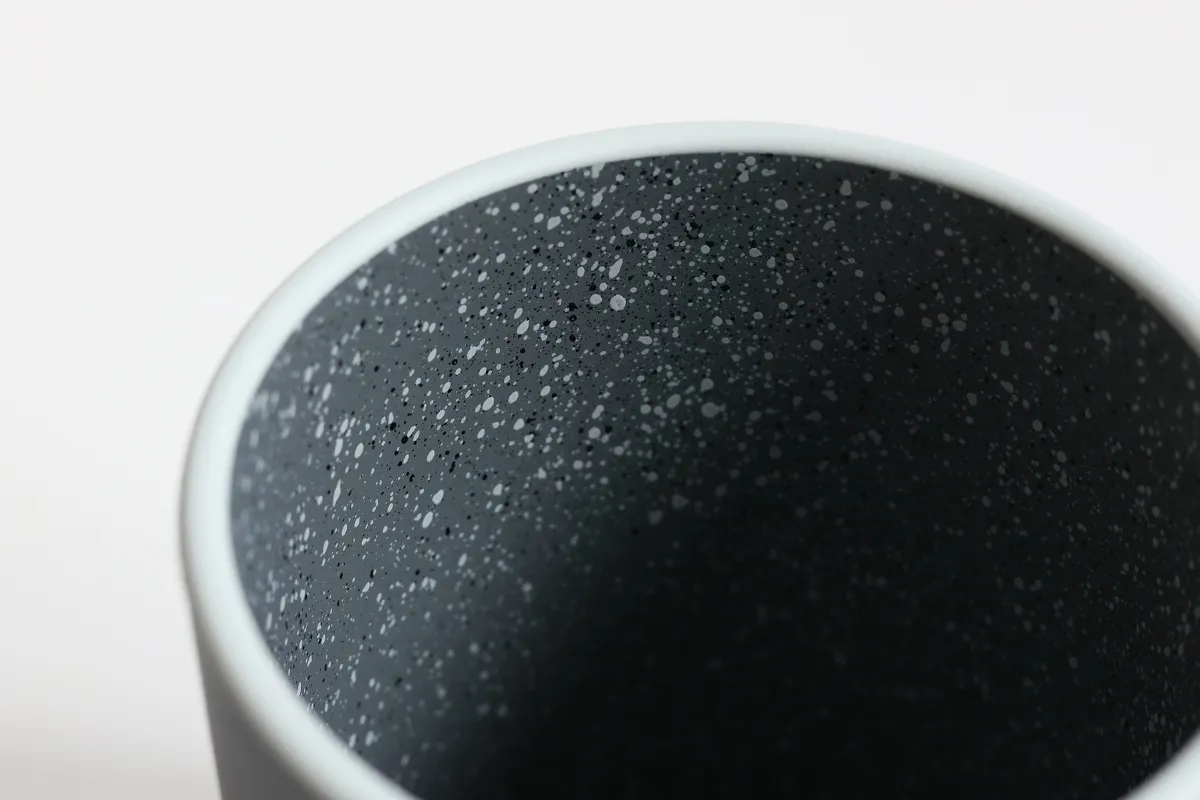 Speckled interior rim detail of stoneware-inspired recycled PET tumbler cup
