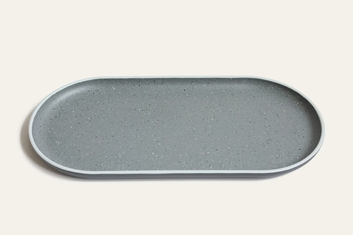 Top view of stoneware-inspired recycled PET oval serving tray