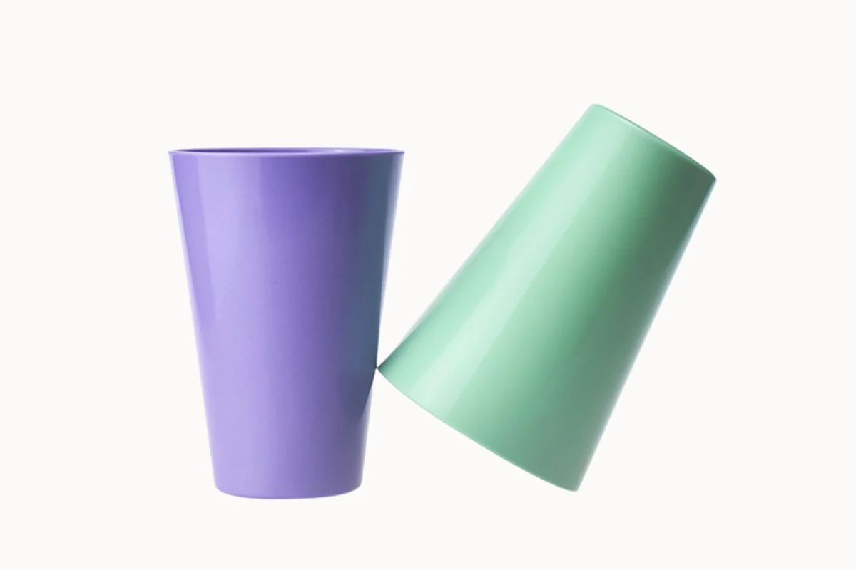 16 oz biodegradable PLA drinking cups in custom purple and green colors